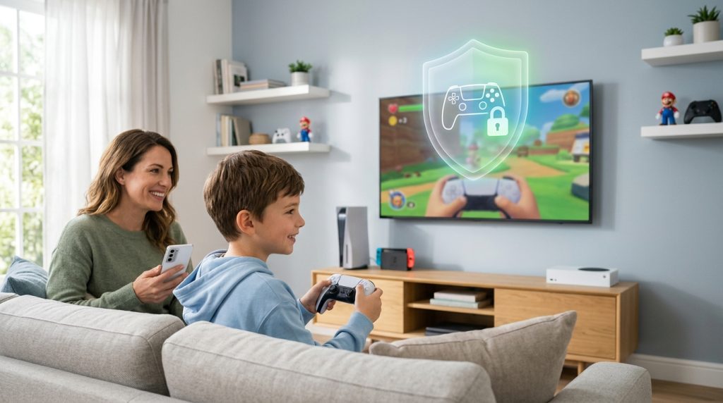 A young boy playing a video game console in a bright living room while his mother supervises from the sofa.