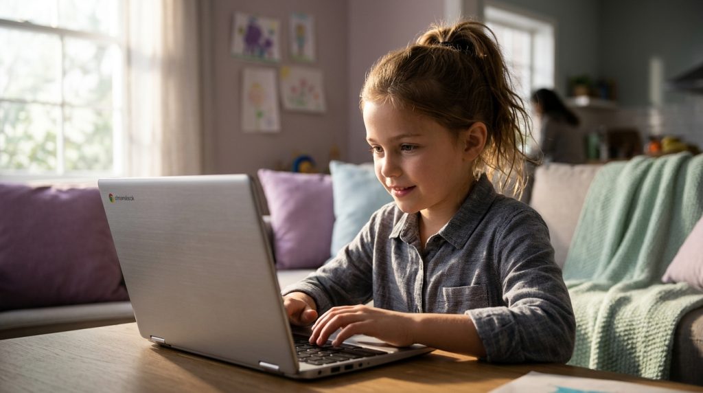 Young student studying focused on a laptop screen at a wooden home desk