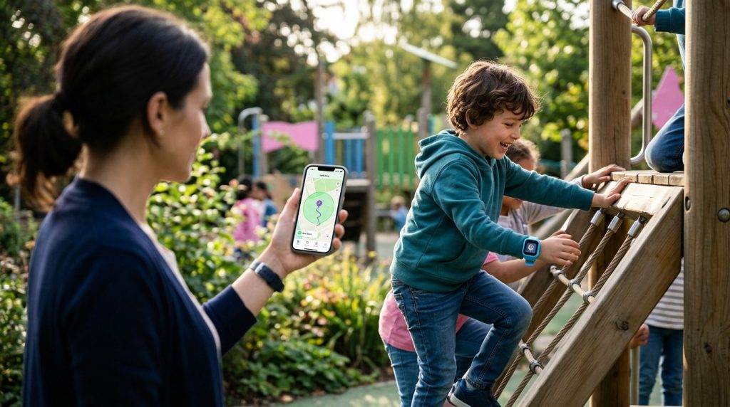 Young child wearing a colorful smartwatch outdoors while a parent checks live location coordinates on a smartphone