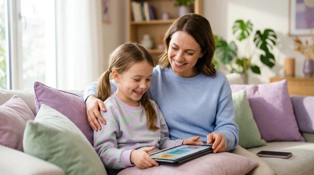 A parent and pre-teen child sitting at a wooden kitchen table having an open conversation about smartphone safety