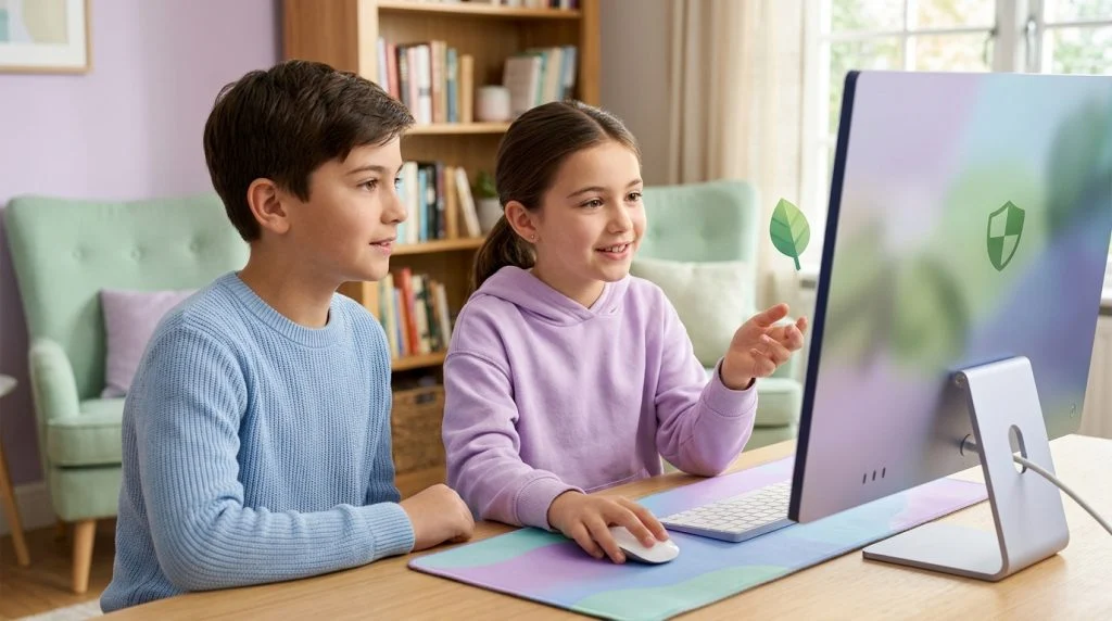 Parent sitting with teenage daughter at desk reviewing educational websites on a laptop