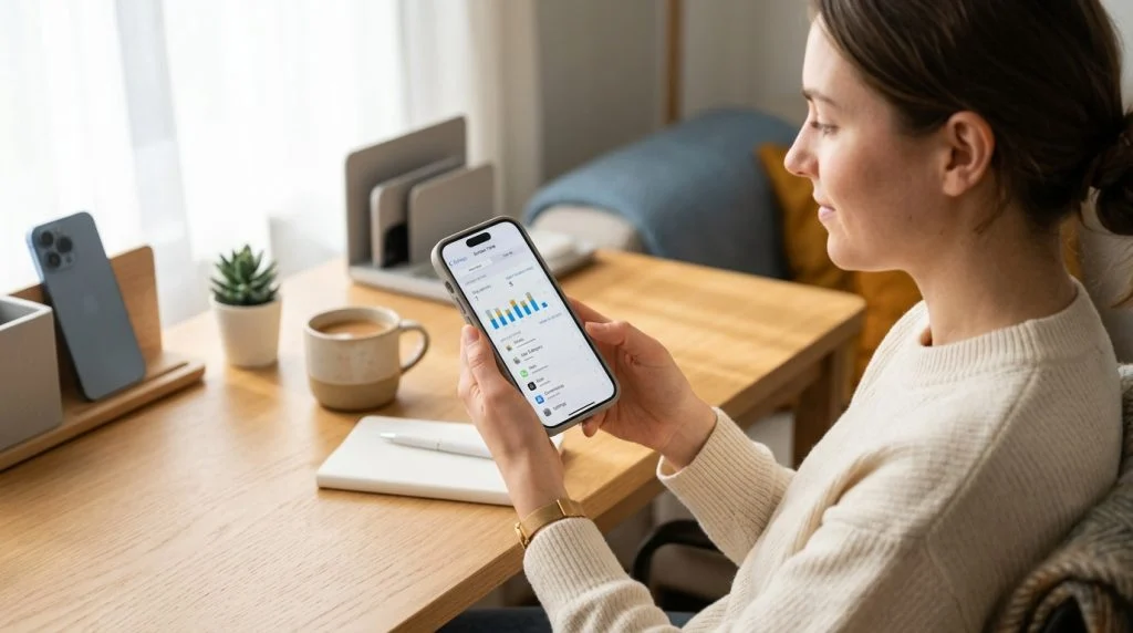 A parent and teenager sitting on a living room sofa discussing digital habits with an iPhone on the table