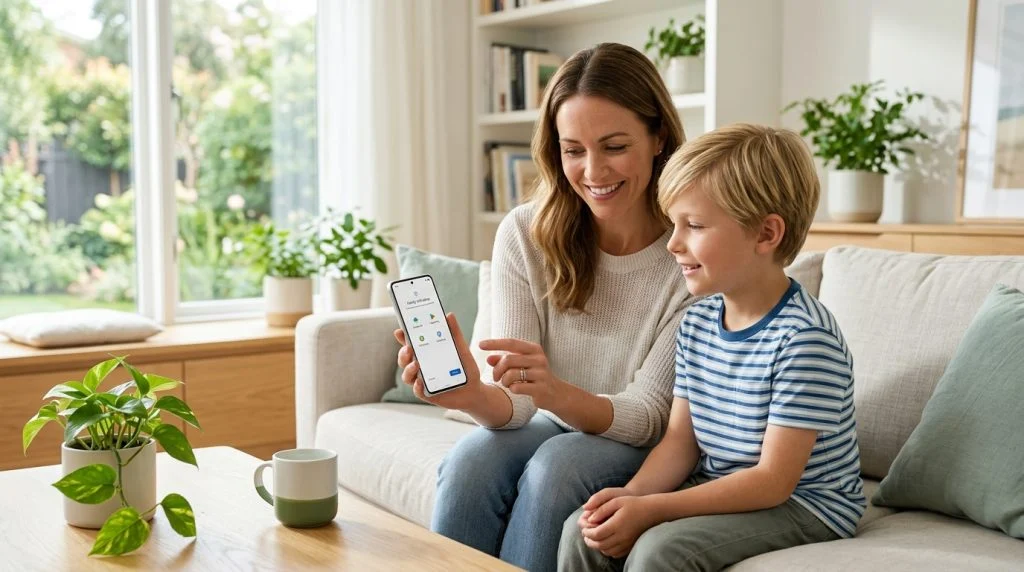 A parent and teenager sitting at a wooden kitchen table reviewing settings on an Android smartphone together