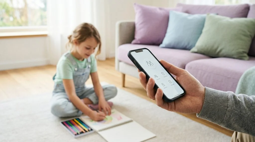 Father and teenage daughter sitting on a sofa looking together at a smartphone screen calmly