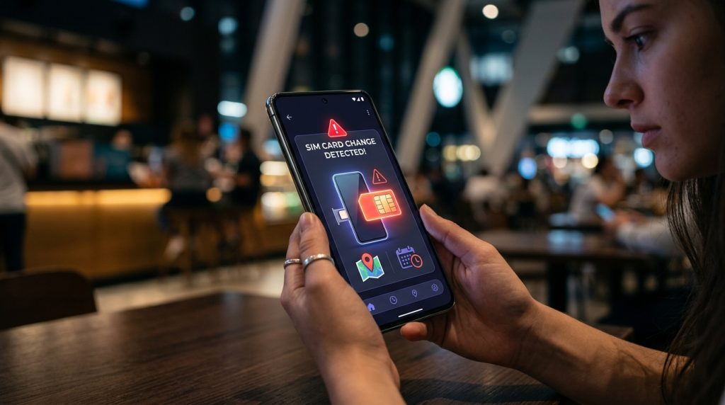 A close-up view of a person using a SIM ejector tool beside a smartphone on a wooden desk.