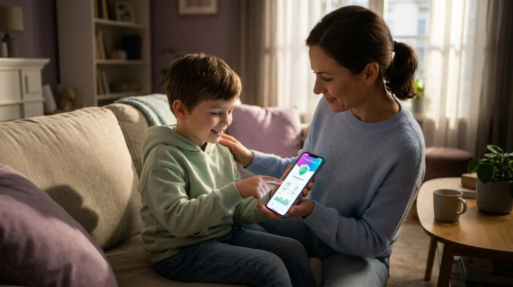A parent sitting at a wooden kitchen table reviewing smartphone security settings with their teenage daughter