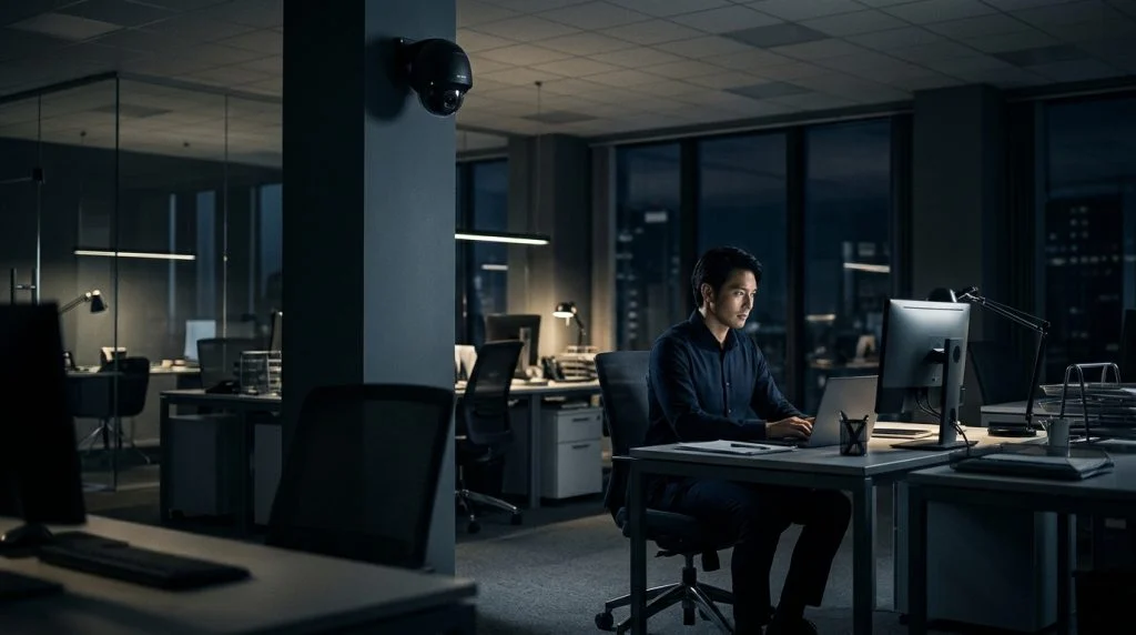 Modern office interior with an unobtrusive security camera mounted on an exposed concrete ceiling above workstations
