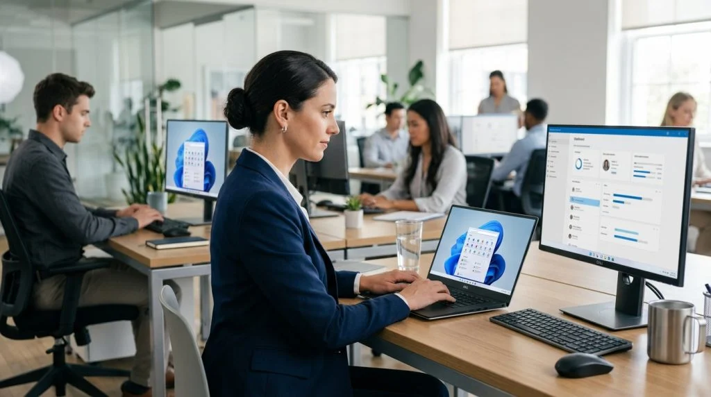 IT administrator reviewing system analytics and security metrics across multiple desktop monitors in a modern office