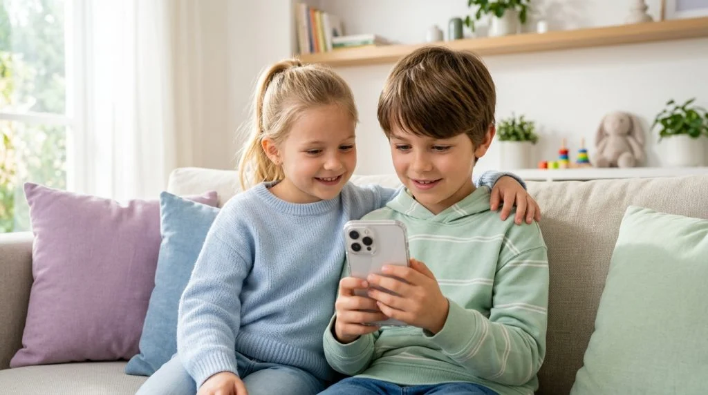 Mother and young teenager sitting together reviewing parental control app settings on an iPhone
