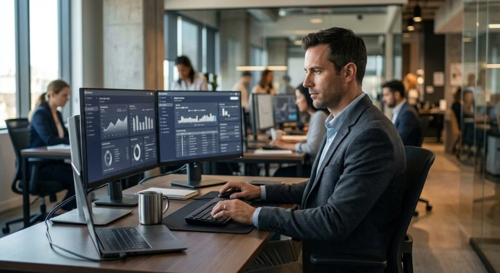 An operations manager reviewing desktop analytics on a laptop in a modern collaborative office