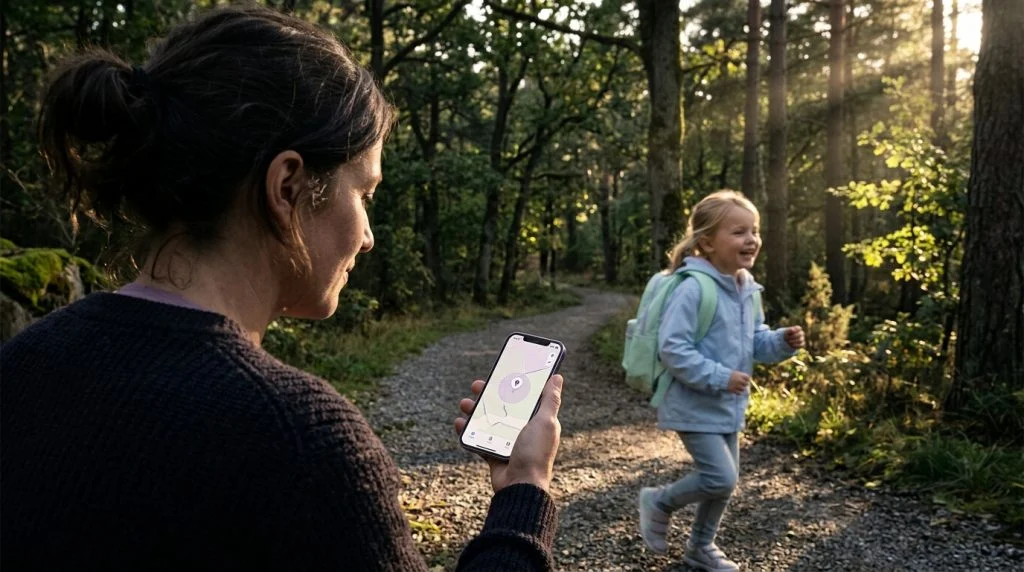 Mother looking at map navigation on a smartphone while her young teenager waits at a bus stop