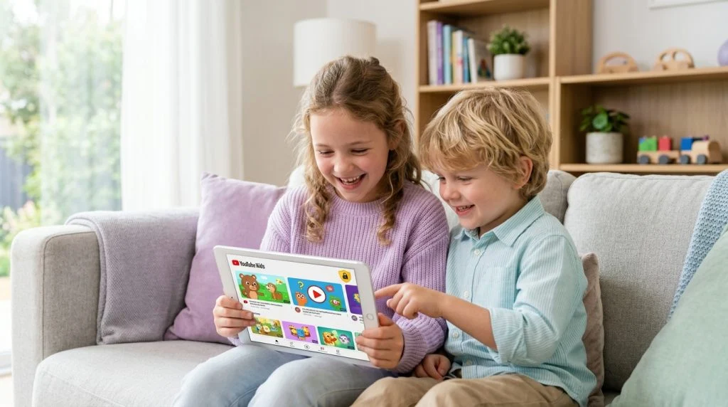 Parent sitting with child on a sofa reviewing tablet settings together in living room